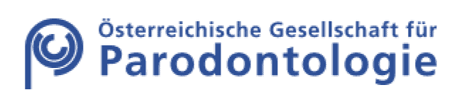 Logo der Österreichischen Gesellschaft für Parodontologie in blauem Text auf transparentem Hintergrund.
