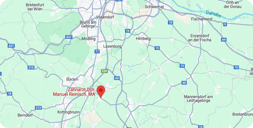 Karte zeigt Standort von Zahnarztpraxis DDR. Manuel Reinisch, MA in Nähe von Baden, Österreich.