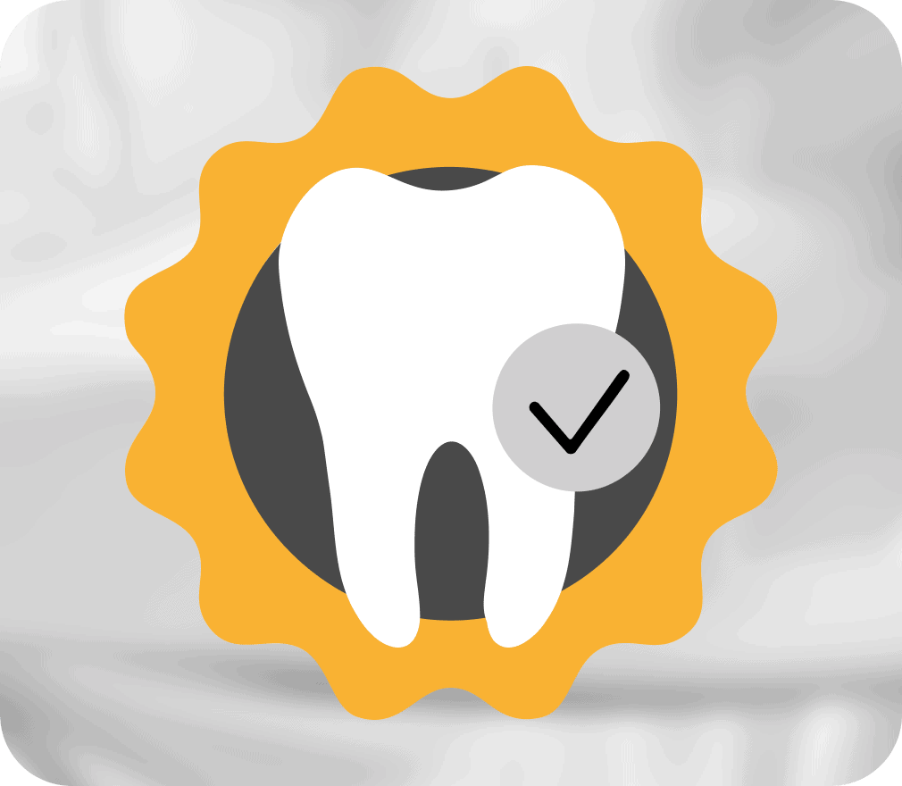 Zahn-Symbol mit Häkchen auf gelbem Hintergrund, das Zahnpflege oder Qualitätsprüfung darstellt.