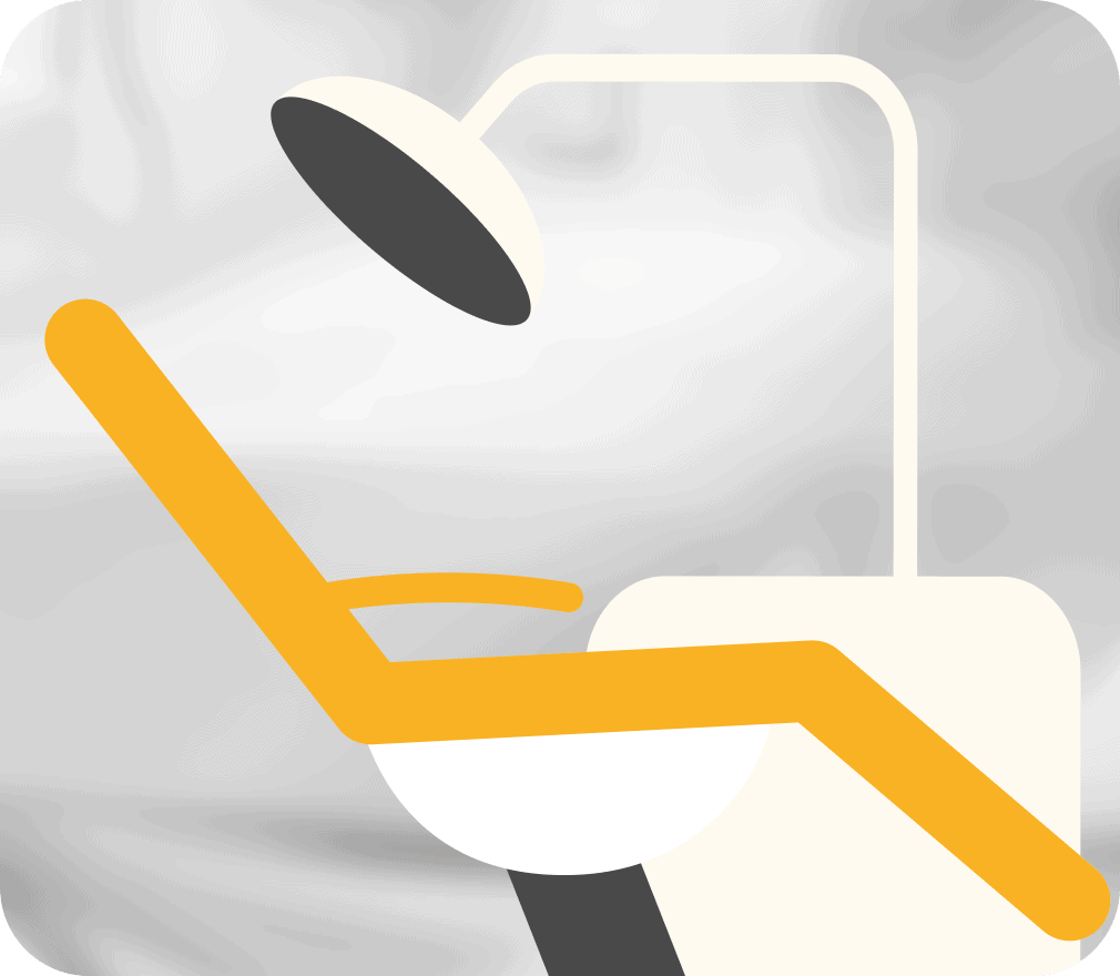 Zahnarztstuhl-Illustration mit Lampe, dargestellt in stilisiertem Design auf grauem Hintergrund.